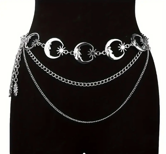 Cinturón bohemio plateado de sol y luna