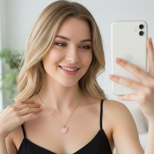 Collar con dije rosado de corazón con ojito